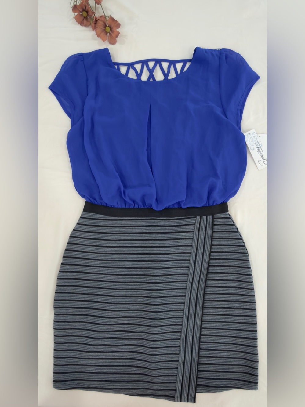 Speechless Royal Blue Top with Gray Striped Pencil Skirt
